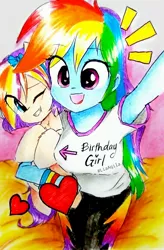 Size: 2024x3082 | Tagged: safe, artist:liaaqila, derpibooru import, rainbow dash, oc, oc:qilala, pegasus, pony, equestria girls, birthday, cute, dashabetes, duo, duo female, female, heart, mare