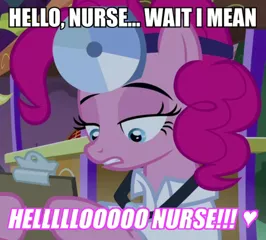 Size: 748x675 | Tagged: safe, derpibooru import, screencap, pinkie pie, pony, the summer sun setback, caption, clothes, doctor, female, hello nurse, image macro, mare, solo, text