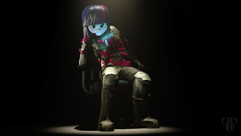 Size: 3840x2160 | Tagged: safe, artist:popa-3d-animations, derpibooru import, twilight sparkle, equestria girls, 3d, 4k, alone, armor, clothes, dark, dead equestria, dead space, poster, source filmmaker, suit