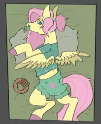 Size: 819x1000 | Tagged: suggestive, artist:rx5600ls, derpibooru import, fluttershy, pegasus, pony, abdl, bloomers, diaper, diaper fetish, female, fetish, non-baby in diaper, pacifier, pillow, solo, teething ring