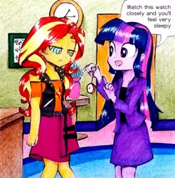 Size: 886x902 | Tagged: safe, artist:liaaqila, derpibooru import, sunset shimmer, twilight sparkle, equestria girls, business suit, clothes, cute, female, hypnosis, hypnotherapy, hypnotized, multicolored hair, office, open mouth, pocket watch, psychologist, skirt, sleepy, speech bubble, swirly eyes, trance