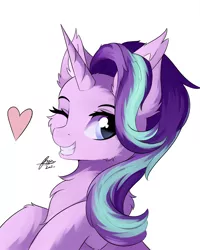 Size: 960x1200 | Tagged: safe, artist:lunar froxy, derpibooru import, starlight glimmer, pony, unicorn, bust, cheek fluff, chest fluff, cute, ear fluff, female, fluffy, glimmerbetes, heart, leg fluff, mare, one eye closed, redraw, simple background, smiling, solo, white background, wink