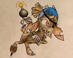 Size: 2357x1886 | Tagged: amputee, artist:calebk64, cloven hooves, colored pencil drawing, community related, derpibooru import, eyepatch, female, goat, grenade, hoof hold, injured, missing teeth, peg leg, prosthetic leg, prosthetic limb, prosthetics, safe, shanty (tfh), simple background, solo, them's fightin' herds, traditional art, white background