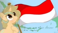Size: 1000x576 | Tagged: safe, artist:grithcourage, derpibooru import, oc, oc:grith courage, pony, unicorn, adorable face, cute, female, independence day, indonesia, landscape #xx, map, mare, solo, text, title
