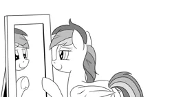 Size: 1200x675 | Tagged: safe, artist:pony-berserker, derpibooru import, part of a set, rainbow dash, bait and switch, mirror, monochrome, narcissism, pony-berserker's twitter sketches, reflection, smiling, stippling, underhoof