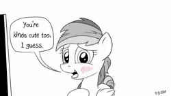 Size: 1200x675 | Tagged: safe, artist:pony-berserker, derpibooru import, part of a set, rainbow dash, blushing, index get, monochrome, neo noir, palindrome get, partial color, pony-berserker's twitter sketches, speech bubble, stippling, talking to viewer