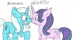 Size: 1268x678 | Tagged: safe, artist:cmara, derpibooru import, starlight glimmer, trixie, pony, unicorn, boop, female, gritted teeth, mare, noseboop, panicking, raised hoof, simple background, traditional art, white background