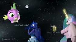 Size: 3840x2160 | Tagged: safe, artist:seriff-pilcrow, derpibooru import, princess celestia, princess luna, alicorn, anthro, 3d, always has been, clothes, desert eagle, dialogue, dress, gun, handgun, levitation, magic, meme, moon, nexgen, pants, pistol, ponified meme, shirt, skirt, source filmmaker, space, telekinesis, wait it's all ohio, weapon