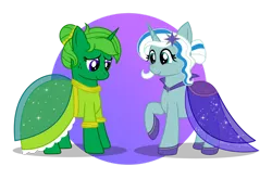 Size: 1280x844 | Tagged: safe, artist:tenderrain46, derpibooru import, oc, oc:lime dream, oc:tender rain, unofficial characters only, pony, unicorn, clothes, dress, female, gala dress, mare, simple background, transparent background