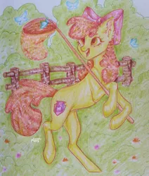 Size: 2399x2833 | Tagged: safe, artist:lovely-pony, derpibooru import, apple bloom, butterfly, insect, pony, female, solo, traditional art