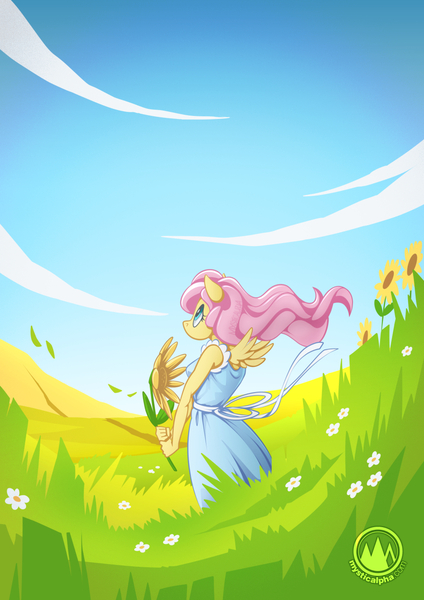 Size: 955x1351 | Tagged: anthro, artist:mysticalpha, clothes, derpibooru import, dress, female, flower, fluttershy, safe, solo