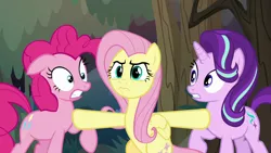 Size: 1280x720 | Tagged: safe, derpibooru import, screencap, fluttershy, pinkie pie, starlight glimmer, pegasus, pony, the mean 6, angrily upset, angry, everfree forest, hoof on chest, hoof touching, looking at someone, pinkamena diane pie, raised hoof, shocked, shocked expression, trio focus, upset