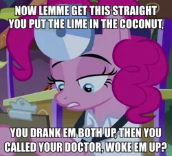 Size: 748x675 | Tagged: safe, derpibooru import, screencap, pinkie pie, pony, the summer sun setback, alan wake, caption, clothes, doctor, female, harry nilsson, image macro, mare, meme, solo, song reference, text