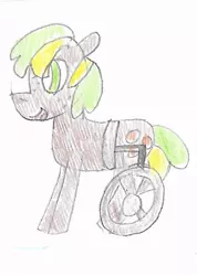 Size: 649x911 | Tagged: artist:ptitemouette, derpibooru import, oc, oc:golden nuggets, parent:ms. harshwhinny, parent:ms. peachbottom, parents:harshbottom, safe, wheelchair