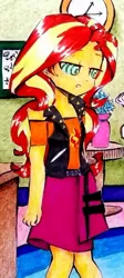 Size: 387x861 | Tagged: safe, artist:liaaqila, derpibooru import, edit, editor:thomasfan45, sunset shimmer, human, equestria girls, equestria girls series, belt, clock, clothes, cropped, cute, cutie mark, cutie mark on clothes, desk, female, hypnosis, hypnotherapy, hypnotized, indoors, jacket, office, open mouth, shimmerbetes, shirt, skirt, solo, spikes, swirly eyes, table, tired, trance, vase