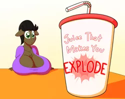 Size: 1800x1428 | Tagged: suggestive, artist:gunpowdergreentea, derpibooru import, oc, oc:powder ruse, unofficial characters only, anthro, earth pony, big breasts, breasts, cleavage, clothes, digital art, drink, female, floppy ears, huge breasts, implied explosion, juice, solo, solo female, straw, table