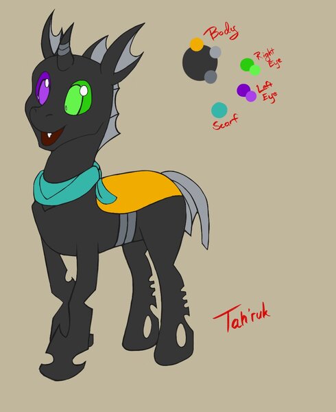 Size: 1029x1261 | Tagged: safe, artist:btbunny, derpibooru import, oc, oc:tah'ruk, changeling, green eye, heterochromia, purple eye, reference sheet, snaggletooth