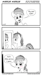 Size: 1320x2328 | Tagged: safe, artist:pony-berserker, derpibooru import, rainbow dash, pegasus, blushing, comic, looking at you, mirror, monochrome, narcissism, neo noir, partial color, reflection, speech bubble, stippling, talking to viewer, underhoof