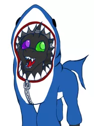 Size: 1535x2048 | Tagged: safe, artist:btbunny, derpibooru import, oc, oc:tah'ruk, changeling, clothes, costume, green eye, heterochromia, purple eye, shark costume, solo