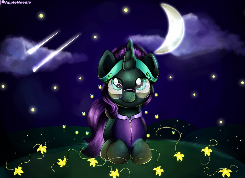 Size: 1280x932 | Tagged: safe, artist:appleneedle, derpibooru import, oc, oc:nyx, alicorn, pony, unicorn, alicorn oc, art, character, clothes, cloud, crescent moon, digital, draw, drawing, fanart, flower, glasses, glow, headband, horn, moon, night, paint, painting, shirt, sky, stars, transparent moon, wings, yellow