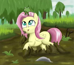 Size: 1600x1400 | Tagged: safe, artist:amateur-draw, derpibooru import, fluttershy, frog, pegasus, pony, bog, female, froggy bottom bog, mare, messy, missing cutie mark, mud, muddy, muddy hooves, solo, swamp