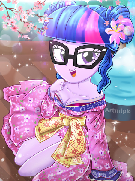 Size: 1800x2400 | Tagged: safe, artist:artmlpk, derpibooru import, sci-twi, twilight sparkle, equestria girls, adorable face, adorasexy, adorkable, adorkasexy, alternate hairstyle, bare chest, beautiful, beautisexy, bedroom eyes, breasts, cherry blossom flower, cleavage, clothes, cute, digital art, dork, dress, female, flower, flower in hair, glasses, hand on chest, kimono (clothing), lens flare, lidded eyes, looking at you, meganekko, open mouth, outfit, plant, sexy, sitting, smiley face, smiling, smiling at you, solo