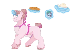 Size: 1280x854 | Tagged: safe, artist:itstechtock, derpibooru import, oc, oc:cocoa powder, pony, unicorn, apron, clothes, female, food, magic, mare, offspring, parent:double diamond, parent:sugar belle, pie, simple background, solo, transparent background