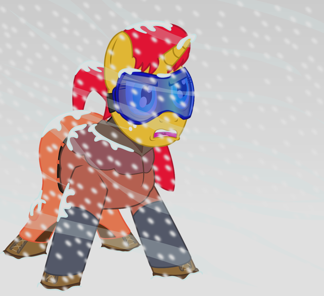 Size: 1200x1100 | Tagged: safe, artist:warren peace, derpibooru import, edit, oc, oc:dr. headspace, unofficial characters only, pony, unicorn, angry, blizzard, clothes, cold, female, freckles, mare, pants, parka, shoes, snow, snow goggles, snowfall, solo, teary eyes, vector, wind