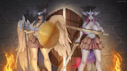 Size: 1777x1000 | Tagged: suggestive, artist:margony, derpibooru import, oc, unofficial characters only, anthro, pegasus, unicorn, armor, big breasts, breasts, cleavage, doors, female, females only, fire, huge breasts, impossibly large breasts, shield, valkyrie, wall, weapon