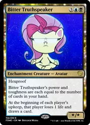 Size: 375x523 | Tagged: safe, derpibooru import, edit, fluttershy, bad thing no. 3, my little pony: pony life, spoiler:pony life s01e05, ccg, glowing eyes, headband, lotus position, magic the gathering, stars, trading card, trading card edit