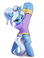 Size: 2180x2850 | Tagged: safe, artist:hitbass, derpibooru import, trixie, pony, unicorn, adorasexy, alternate hairstyle, babysitter trixie, blushing, clothes, cute, diatrixes, female, gameloft interpretation, hoodie, looking at you, looking back, looking back at you, mare, pigtails, sexy, simple background, twintails, white background