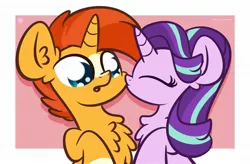 Size: 1920x1258 | Tagged: safe, artist:kimjoman, derpibooru import, starlight glimmer, sunburst, unicorn, chest fluff, cute, ear fluff, female, glimmerbetes, kiss on the cheek, kissing, male, shipping, starburst, straight, sunbetes