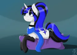 Size: 1414x1000 | Tagged: artist needed, safe, derpibooru import, oc, oc:coldlight bluestar, pony, unicorn, clothes, collar, cute, cutie mark, female, lying down, mare, pillow, ponytail, scarf, socks, solo, spikes