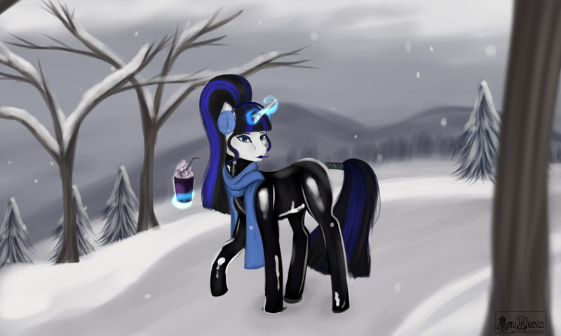 Size: 5000x3000 | Tagged: safe, artist:amywhooves, derpibooru import, oc, oc:coldlight bluestar, unofficial characters only, pony, unicorn, blue eyeshadow, blue lipstick, bodysuit, casual latex, catsuit, clothes, coffee, cup, ear warmers, earmuffs, eyeshadow, female, glossy, headphones, hill, image, jpeg, latex, latex suit, lipstick, magic, makeup, mare, mountain, outdoors, park, ponytail, raised hoof, road, rubber, scarf, shiny, snow, snowfall, solo, tail, tail wrap, telekinesis, tree, watermark, winter, winter outfit, zipper