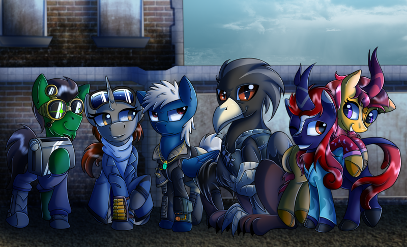 Size: 928x564 | Tagged: safe, artist:elmutanto, derpibooru import, oc, oc:fervent ash, oc:neon screw, oc:summer ardor, oc:trade wind, oc:valtiel, oc:ward, oc:wildcat cartridge, unofficial characters only, cyborg, cyborg pony, earth pony, gryphon, kirin, pegasus, pony, unicorn, fallout equestria, armor, beak, cute, fallout equestria: burdens, horn, jewelry, married couple, multiple characters, necklace, red eyes, squad, talons