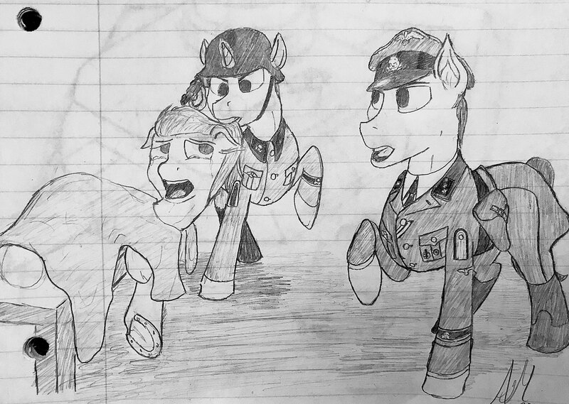 Size: 4005x2851 | Tagged: semi-grimdark, artist:biergarten13, derpibooru import, pony, unicorn, black and white, clothes, dragging, grayscale, hair pulling, monochrome, nazi, nazi uniform, tears of fear, traditional art, uniform