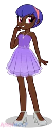 Size: 1316x3141 | Tagged: safe, artist:amgiwolf, derpibooru import, oc, oc:heart's desire, unofficial characters only, equestria girls, bare shoulders, clothes, dark skin, dress, ear piercing, earring, female, grin, high heels, jewelry, necklace, piercing, shoes, simple background, sleeveless, smiling, solo, transparent background