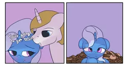 Size: 2008x1024 | Tagged: suggestive, artist:vultraz, derpibooru import, prince blueblood, trixie, unicorn, /mlp/, 4chan, bait and switch, bluetrix, blushing, bread, colored, dad joke, disappointed, drawthread, duo, duo focus, female, food, haha funny, implied sex, literal, male, pun, requested art, seductive, shipping, simple background, straight