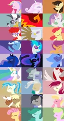Size: 900x1692 | Tagged: safe, artist:icekatze, derpibooru import, allie way, apple bloom, candy mane, daisy, fleur-de-lis, flower wishes, gilda, holly dash, lily, lily valley, limestone pie, marble pie, mayor mare, mjölna, nightmare moon, philomena, princess celestia, princess luna, roseluck, scootaloo, silver spanner, spring melody, sprinkle medley, sweetie belle, trixie, twist, vinyl scratch, wild fire, zecora, oc, oc:fausticorn, alicorn, earth pony, gryphon, pegasus, phoenix, pony, unicorn, zebra, apple bloom's bow, background pony, bow, cape, clothes, cutie mark crusaders, everypony, eyes closed, female, flower trio, hair bow, lauren faust, mare, royal sisters, s1 luna, siblings, sisters, trixie's cape