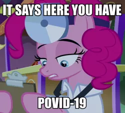 Size: 748x675 | Tagged: safe, derpibooru import, screencap, pinkie pie, pony, the summer sun setback, caption, clothes, coronavirus, covid-19, doctor, female, image macro, mare, meme, shitposting, solo, text