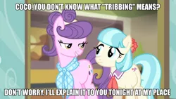 Size: 1200x675 | Tagged: suggestive, derpibooru import, edit, edited screencap, screencap, coco pommel, suri polomare, earth pony, pony, rarity takes manehattan, caption, cocopolo, duo, eye contact, female, image macro, implied tribadism, lesbian, looking at each other, mare, shipping, text