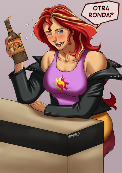 Size: 2480x3508 | Tagged: safe, artist:nire, derpibooru import, sunset shimmer, human, equestria girls, alcohol, beer, blushing, breasts, busty sunset shimmer, clothes, dialogue, drunk, drunker shimmer, fallout, fallout: new vegas, female, jacket, looking at you, smiling, smiling at you, solo, spanish, sunset sarsparilla