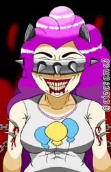 Size: 1466x2261 | Tagged: grimdark, artist:aizasama3, derpibooru import, pinkie pie, human, smile hd, androgynous, antagonist, batman, batman who laughs, blood, body horror, breasts, chains, doppelganger, evil clone, evil grin, grin, human coloration, humanized, impalement, joker, pink hair, psychopath, pure evil, shiny hair, smiling, villainess