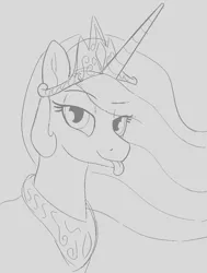 Size: 875x1159 | Tagged: safe, artist:heretichesh, derpibooru import, princess celestia, alicorn, pony, crown, female, jewelry, looking at you, mare, mlem, monochrome, regalia, sillestia, silly, sketch, solo, tiara, tongue out