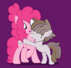 Size: 718x688 | Tagged: safe, artist:circuspaparazzi5678, derpibooru import, pinkie pie, oc, oc:obsidian dust, earth pony, pony, aunt and nephew, base used, blank flank, colt, duo, female, hug, hugging a pony, jewelry, male, mare, necklace, offspring, parent:maud pie, parent:mud briar, parents:maudbriar, purple background, simple background, solo