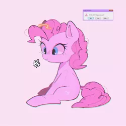 Size: 1500x1500 | Tagged: safe, artist:destroyer_aky, derpibooru import, pinkie pie, earth pony, pony, cursor, female, gradient background, hand, mare, mouse cursor, pink background, question mark, simple background, sitting, smiling, solo, text, wat