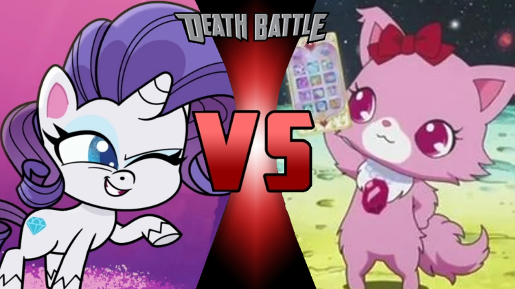 Size: 750x421 | Tagged: safe, artist:mega-poneo, derpibooru import, rarity, cat, pony, unicorn, my little pony: pony life, anime, crossover, death battle, exploitable meme, fake, faker than a three dollar bill, female, garnet (jewelpet), jewelpet, mare, mega poneo strikes again, meme, mobile phone, phone, sanrio, sega, smartphone