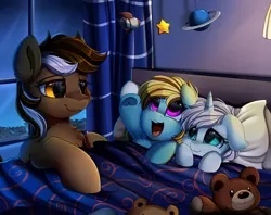 Size: 3215x2540 | Tagged: safe, artist:pridark, derpibooru import, oc, unofficial characters only, pony, unicorn, bed, bedroom, commission, cute, daaaaaaaaaaaw, high res, indoors, night, night sky, open mouth, planet, pridark is trying to murder us, sky, stars, teddy bear, window