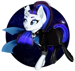Size: 1407x1336 | Tagged: artist needed, safe, derpibooru import, coloratura, oc, oc:coldlight bluestar, pony, unicorn, abstract background, alternate hairstyle, boots, clothes, collar, cosplay, costume, countess coloratura, female, jacket, latex, latex pants, leather jacket, makeup, pants, rubber, scarf, shoes, simple background, solo
