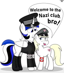 Size: 3500x4000 | Tagged: safe, artist:schwarzesskreuz, derpibooru import, oc, oc:aryanne, oc:jett linndemann, alicorn, earth pony, pony, /mlp/, alicorn oc, big pony, cap, clothes, hat, horn, nazi, simple background, size difference, swastika, transparent background, uniform, wings